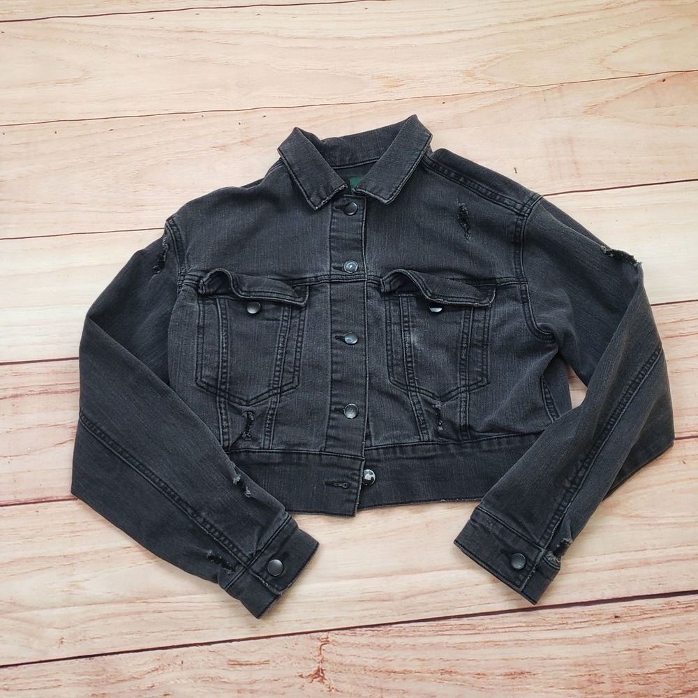 Wild Fable Black Denim Jacket XS Cropped Distressed Long Sleeve Button Up
